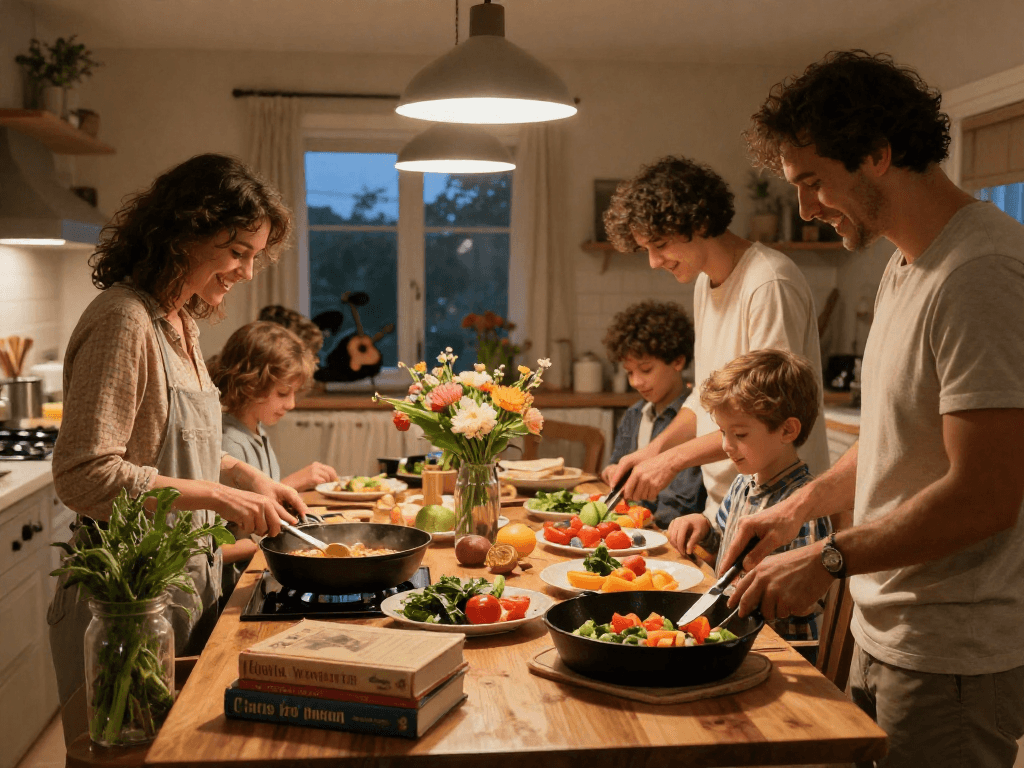 Family cooking together in a cozy kitchen, showcasing the importance of slot in meal preparation.