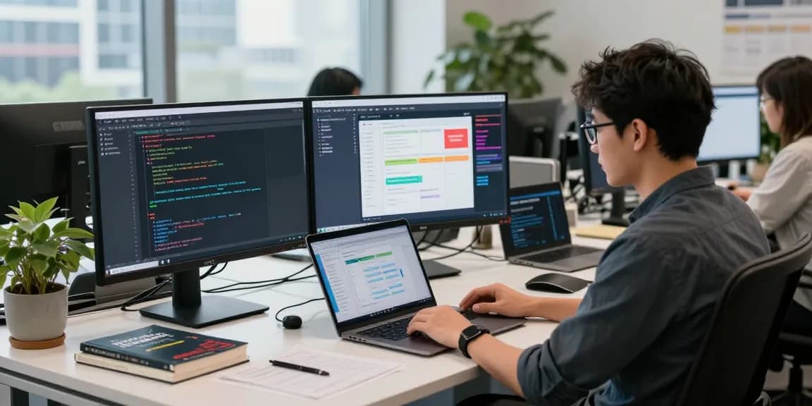 Developer using rti scheduler in a modern office workspace with dual monitors and tech innovations