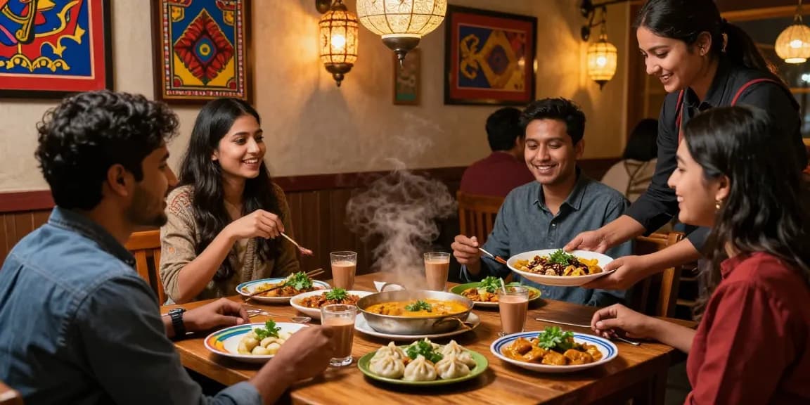 Experience the authentic flavors at Namaste Curry and Momo with friends enjoying delicious momos and curry dishes.