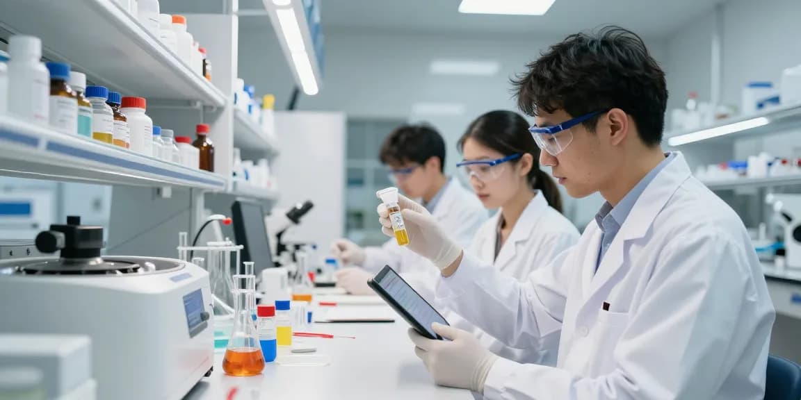Laboratory technician examining a lyophilized peptide vial in a modern scientific setting.