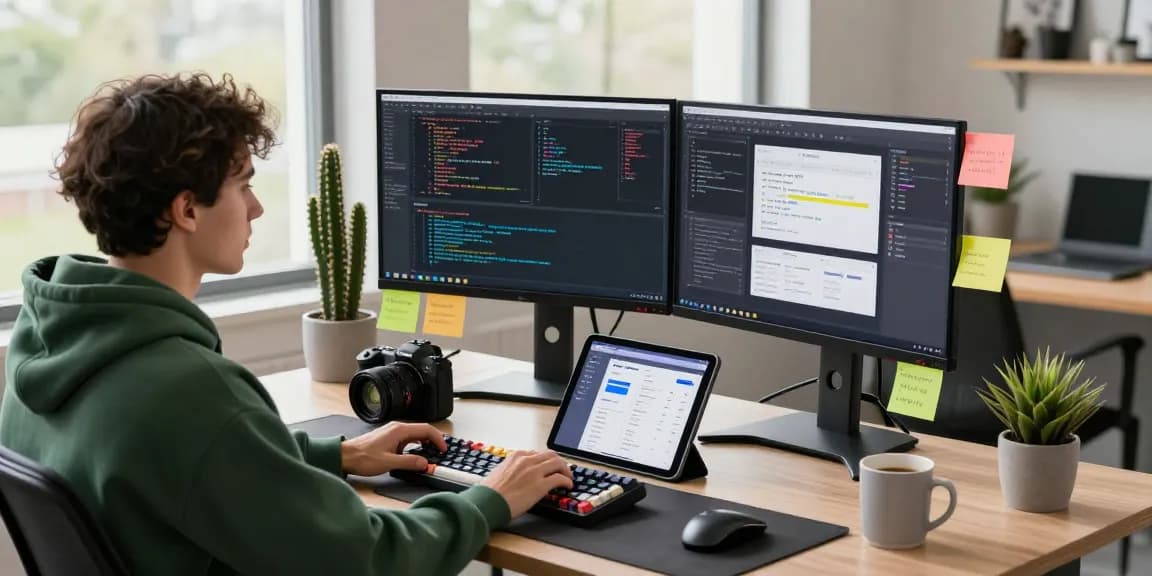 AI image generator used by a software developer in a vibrant workspace, highlighting tech elements and creativity.