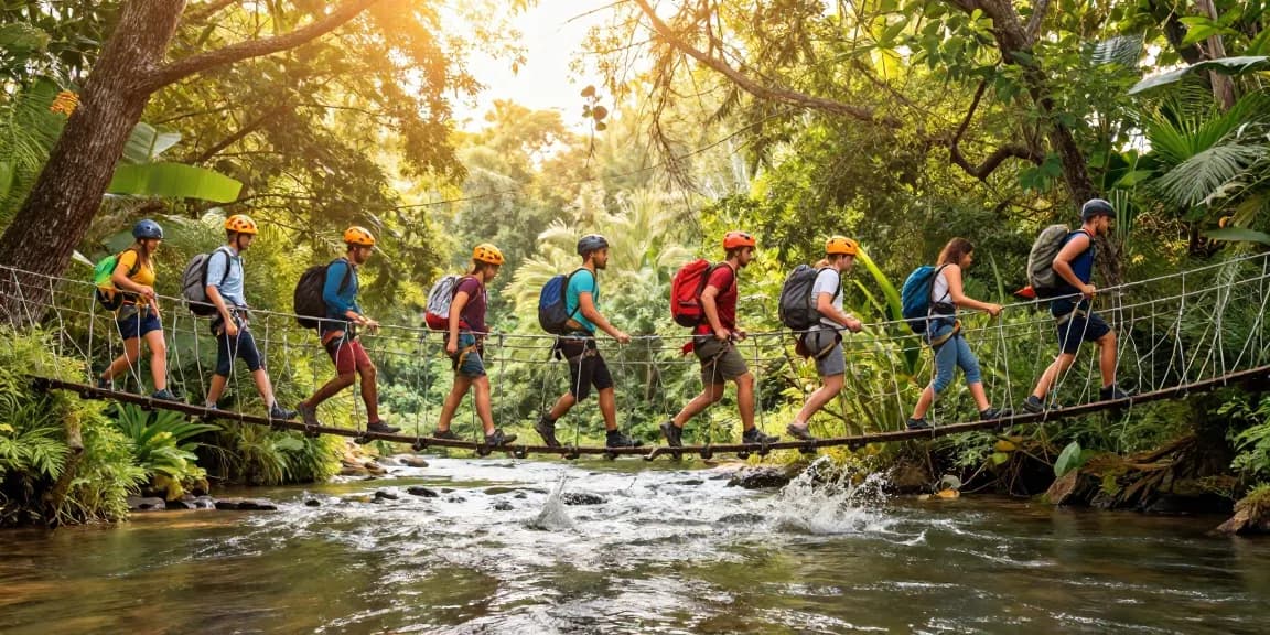 Friends crossing a River Rope Bridge in a scenic natural setting, showcasing adventure and teamwork.