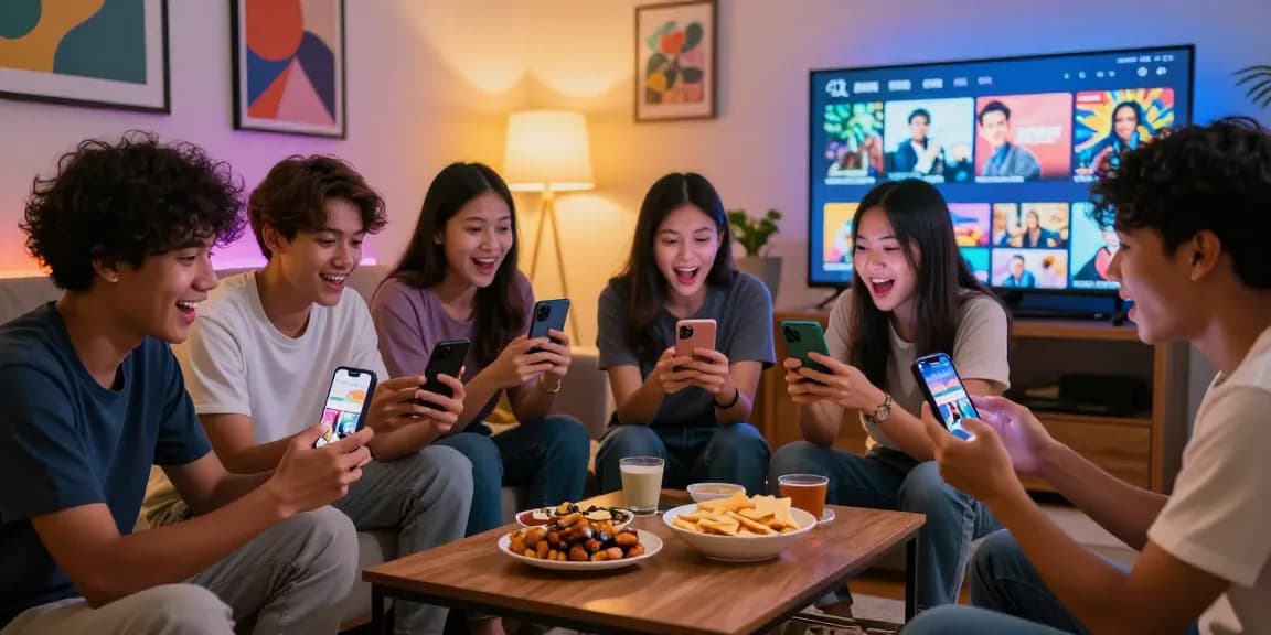 Friends enjoying bokep viral indonesia videos in a colorful living room.