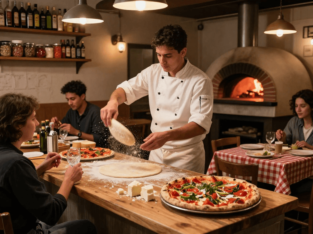Chef tossing pizza dough in a cozy pizzeria, showcasing the art of cooking with slot details.