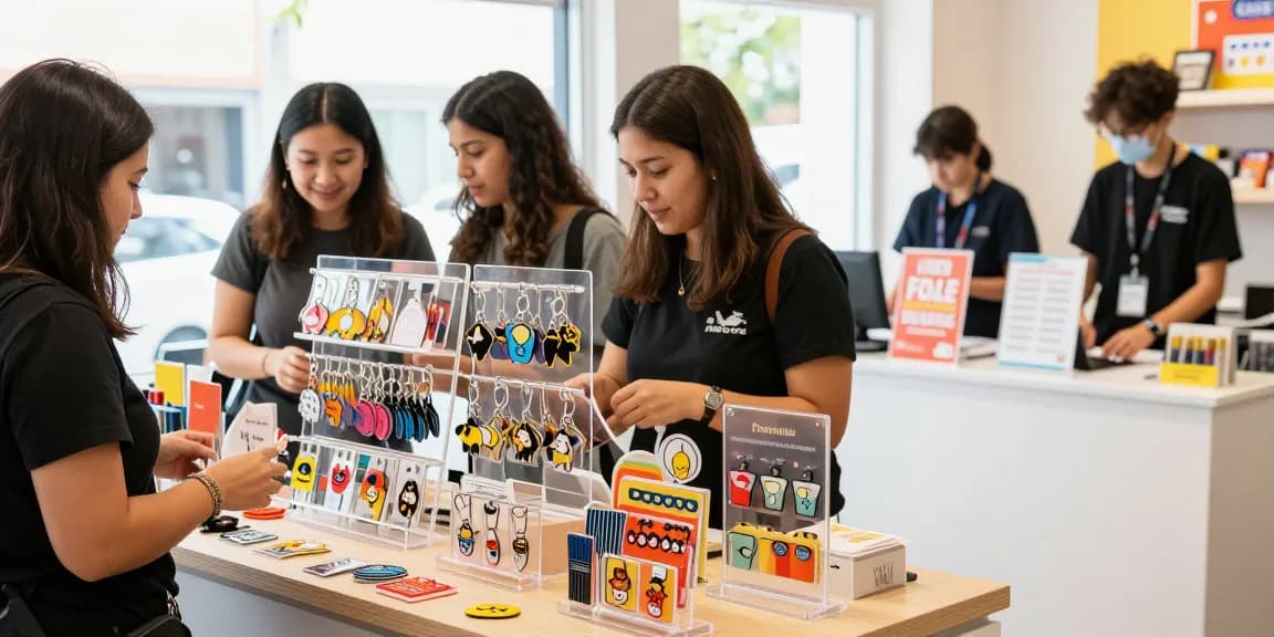 Engaging retail experience with customers examining custom acrylic standees and keychains.