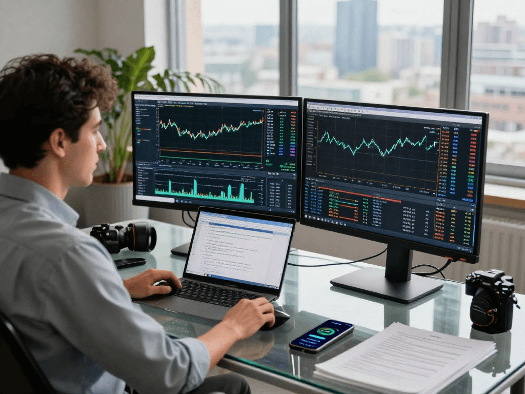 使用metatrader 5的专业交易工作空间,显示实时数据和高阶分析的现代办公环境