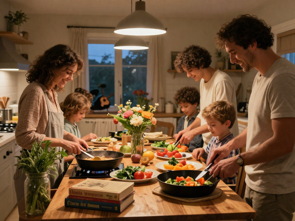 Family cooking together in a cozy kitchen, showcasing the importance of slot in meal preparation.