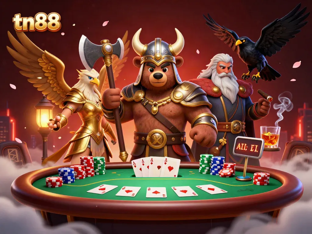 Engage in thrilling poker at tn88 casino with an epic Viking and Valkyrie scene.