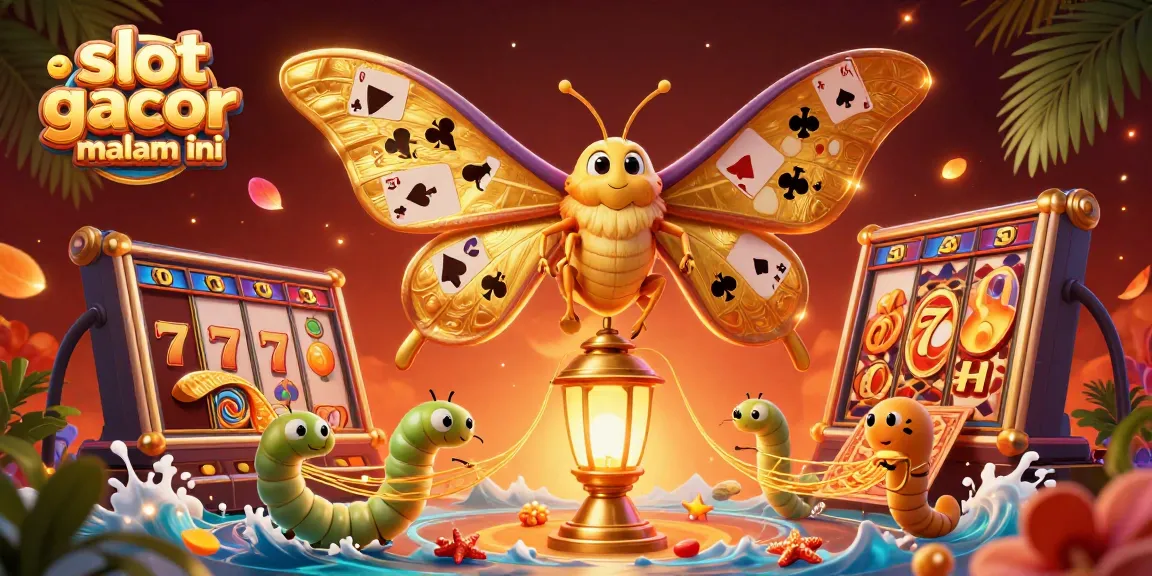 Engage with slot gacor malam ini featuring a vibrant casino scene with a 3D atlas moth and slot game elements.