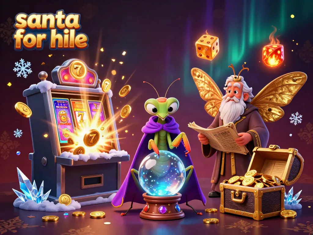 Engage with Santa for Hire in a dynamic casino-themed scene featuring vibrant slot machines and festive elements.