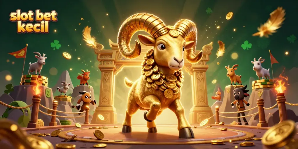 Slot bet kecil dengan ram emas besar beraksi di arena judi, dikelilingi koin dan simbol keberuntungan.