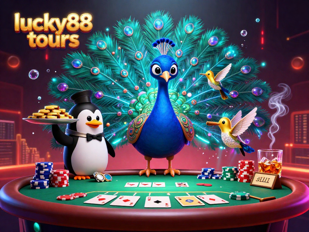Experience lucky88 tours at an electrifying poker scene with vibrant characters and dynamic gambling elements.