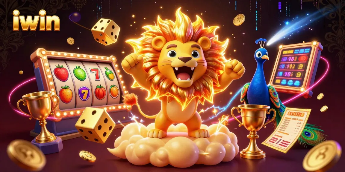 iwin showcases a lively slot machine scene with dynamic characters, vibrant elements, and gold accents