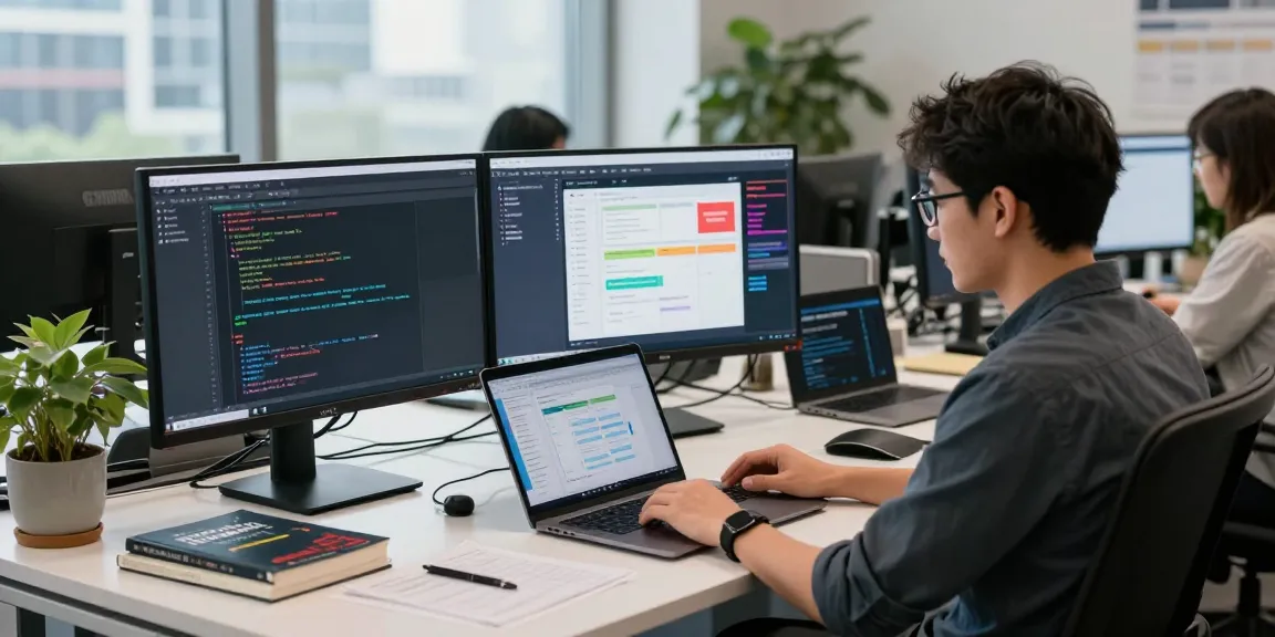 Developer using rti scheduler in a modern office workspace with dual monitors and tech innovations