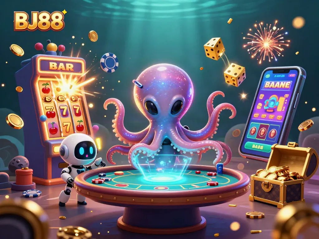 BJ88 offers thrilling gameplay with a vibrant scene featuring an alien octopus at a holographic poker table.