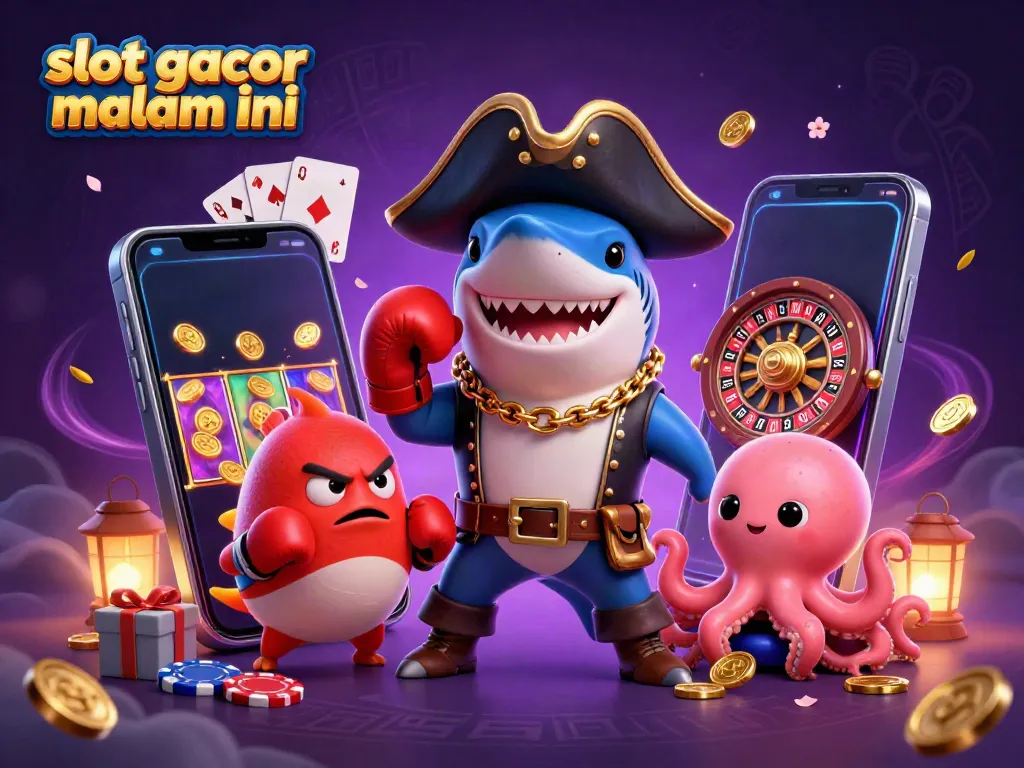 Ilustrasi slot gacor malam ini dengan hiu bajak laut 3D dan karakter lucu bermain permainan slot.