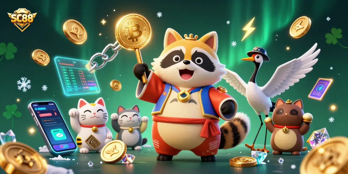Win big with SC88 as maneki-neko cats cheer alongside a lucky tanuki championing online casino fun