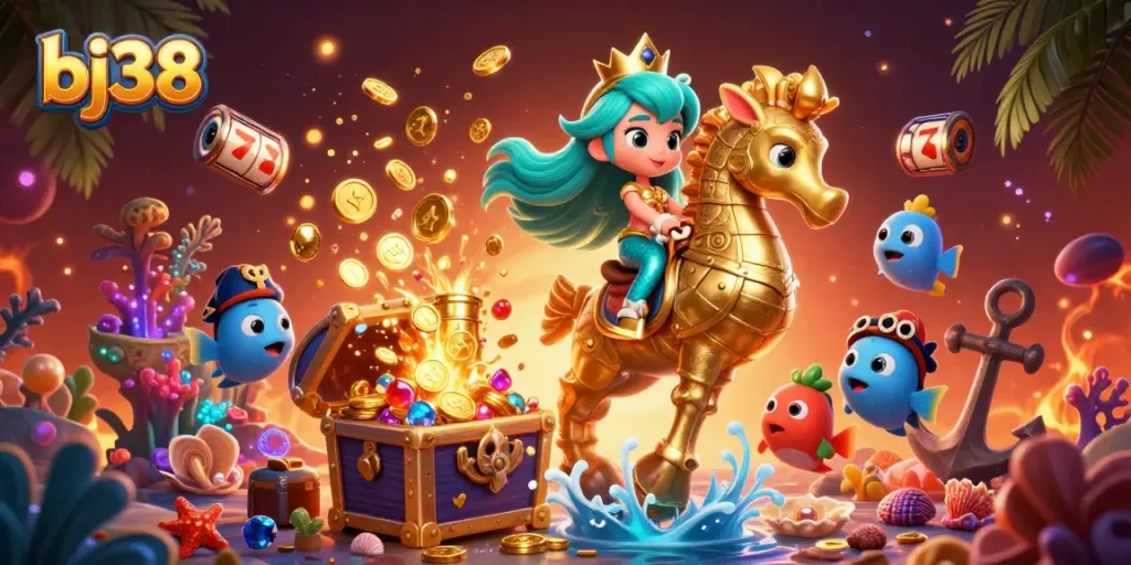 Engage with bj38 through an ocean adventure featuring a mermaid, seahorse, and thrilling slot elements.