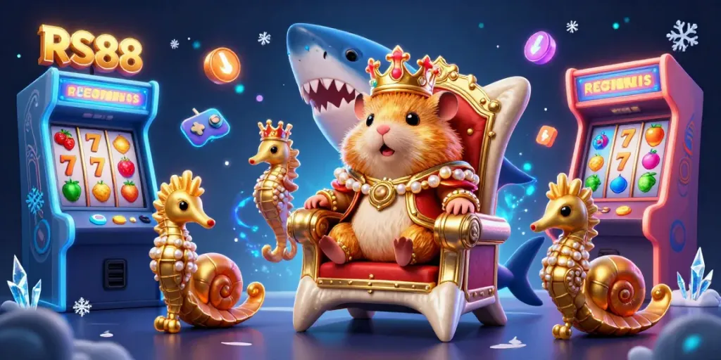 Experience the vibrant world of RS88 with a golden hamster king amid dynamic casino elements.