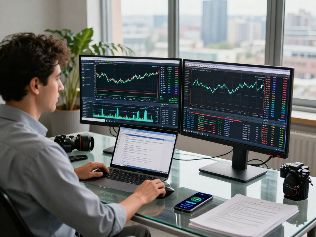 使用metatrader 5的专业交易工作空间，显示实时数据和高阶分析的现代办公环境