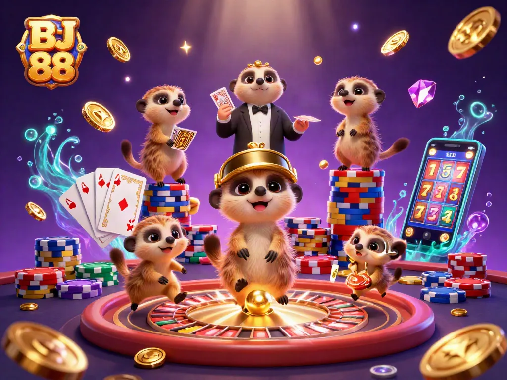 Experience the excitement of BJ 88's casino with meerkats, golden coins, and spinning roulette.