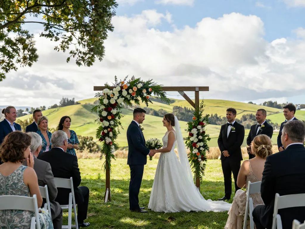 Dunedin wedding photographer captures an outdoor ceremony with a couple exchanging vows under a floral arch, surrounded by friends and family.