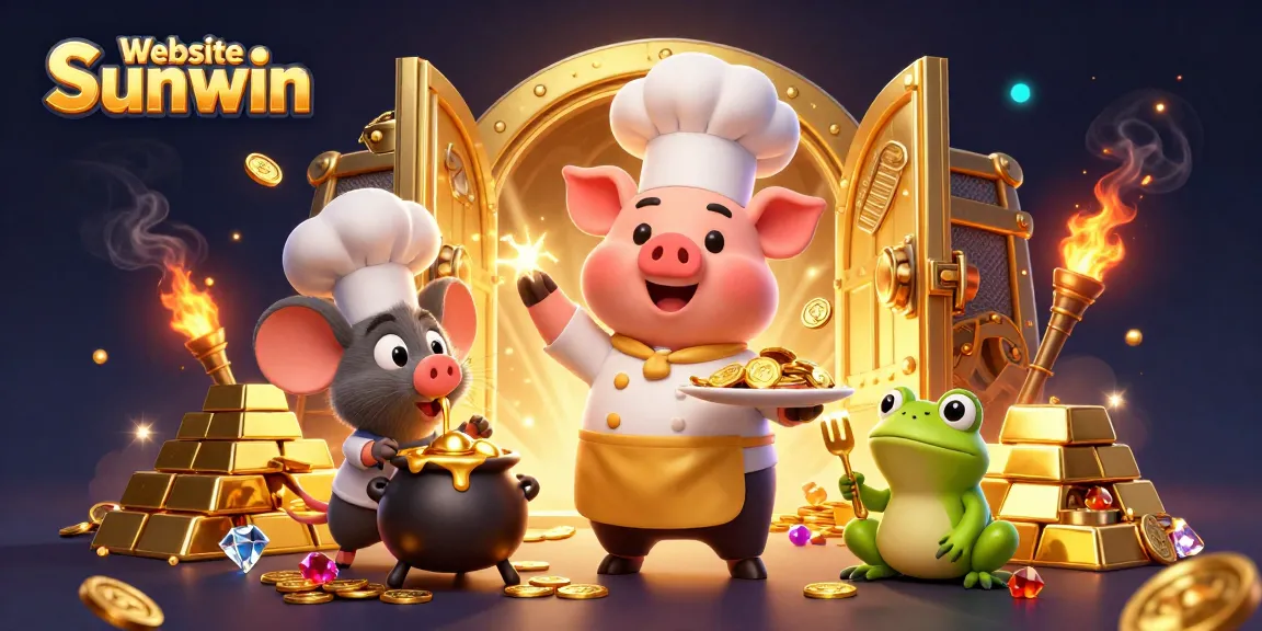 Experience excitement at Website Sunwin with a 3D chef pig serving gold coins amidst vibrant casino treasures.