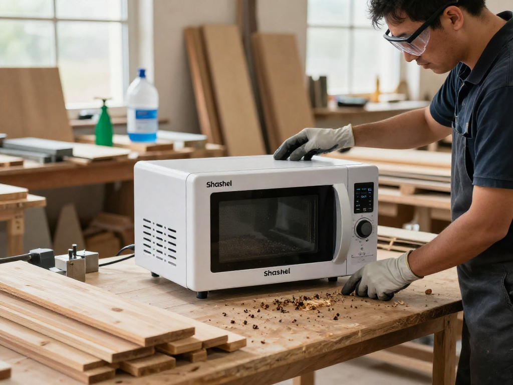 Shashel technician using microwave equipment for effective pest elimination in a wood workshop.