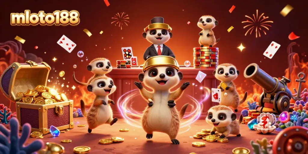 Experience the excitement of mloto188 with meerkats running a vibrant casino filled with treasures and festive celebrations.