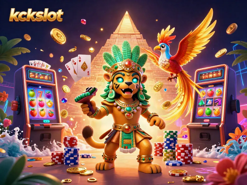 KCKSLOT merayakan jackpot dengan simbol slot emas dan karakter ikonik.