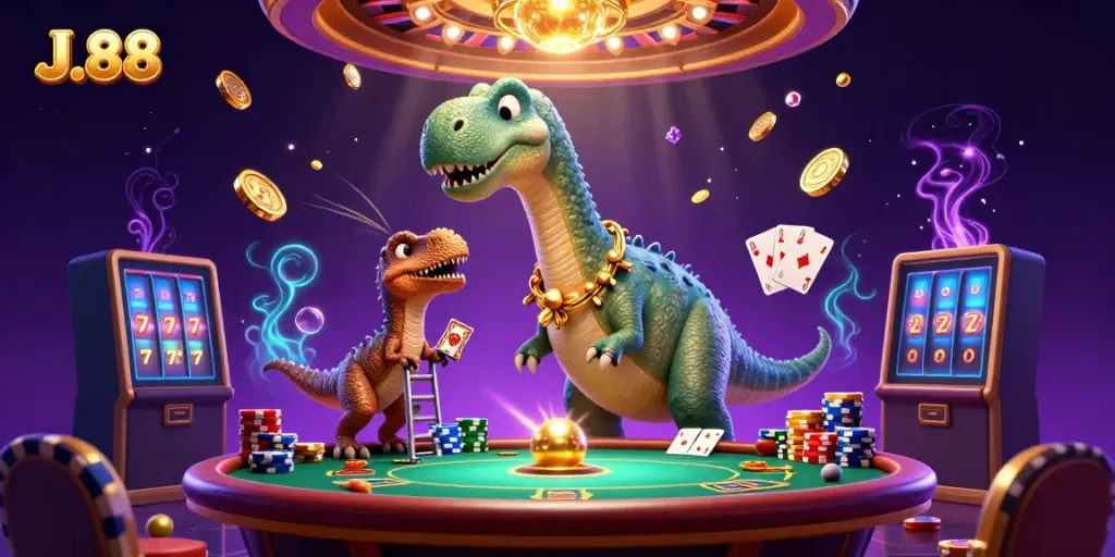 Experience thrilling gameplay with J.88 as vibrant characters engage in dynamic casino action amidst golden coins and cards.
