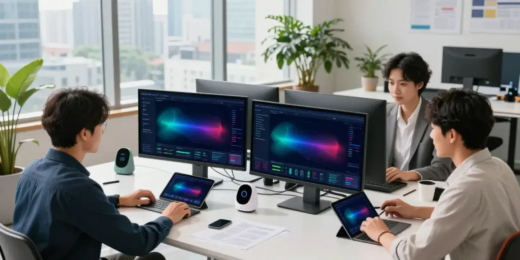 Pengaturan kerja digital modern dengan tim profesional di LAMBE777 5kw, berkolaborasi menggunakan teknologi AI dan analitik data.