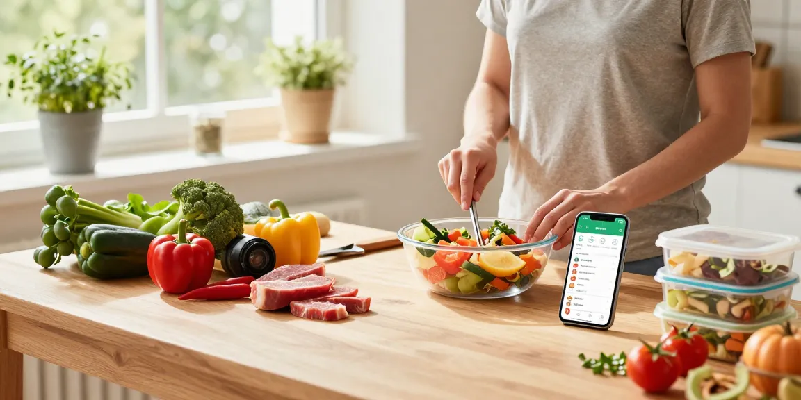 Healthy cooking with the best calorie tracker app on a smartphone in a sunny kitchen.