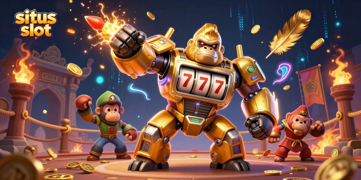 Experience the thrill of situs slot with a dynamic 3D golden gorilla mech illustrating slots and jackpots.