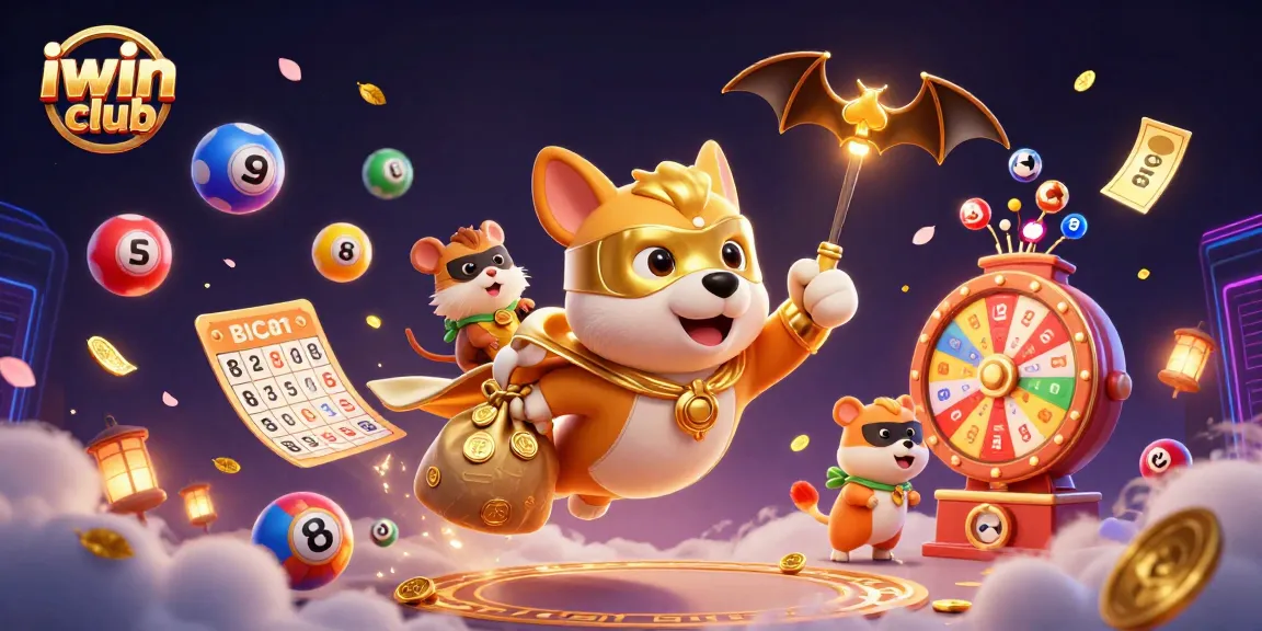 Engage with iwin club's thrilling games through an exciting cartoon scene filled with vibrant elements.