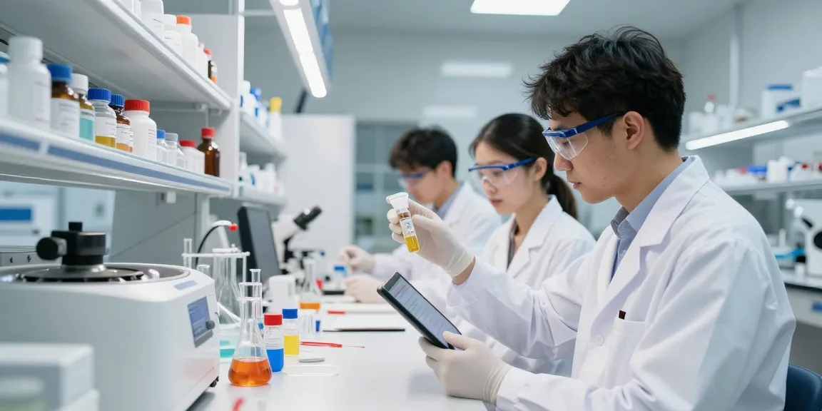 Laboratory technician examining a lyophilized peptide vial in a modern scientific setting.