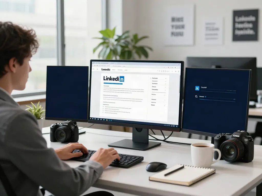 Creating AI generated LinkedIn articles in a modern office setup.