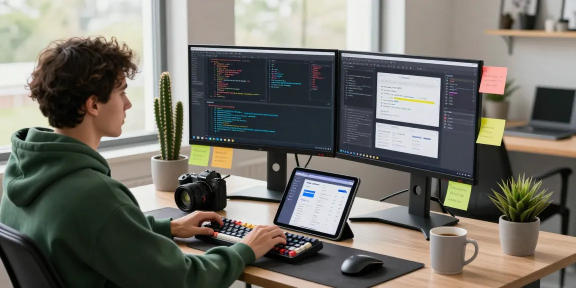 AI image generator used by a software developer in a vibrant workspace, highlighting tech elements and creativity.