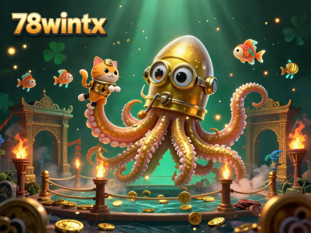 Experience thrilling action with 78wintx, featuring a colossal kraken and diving cat amidst a dynamic casino adventure.