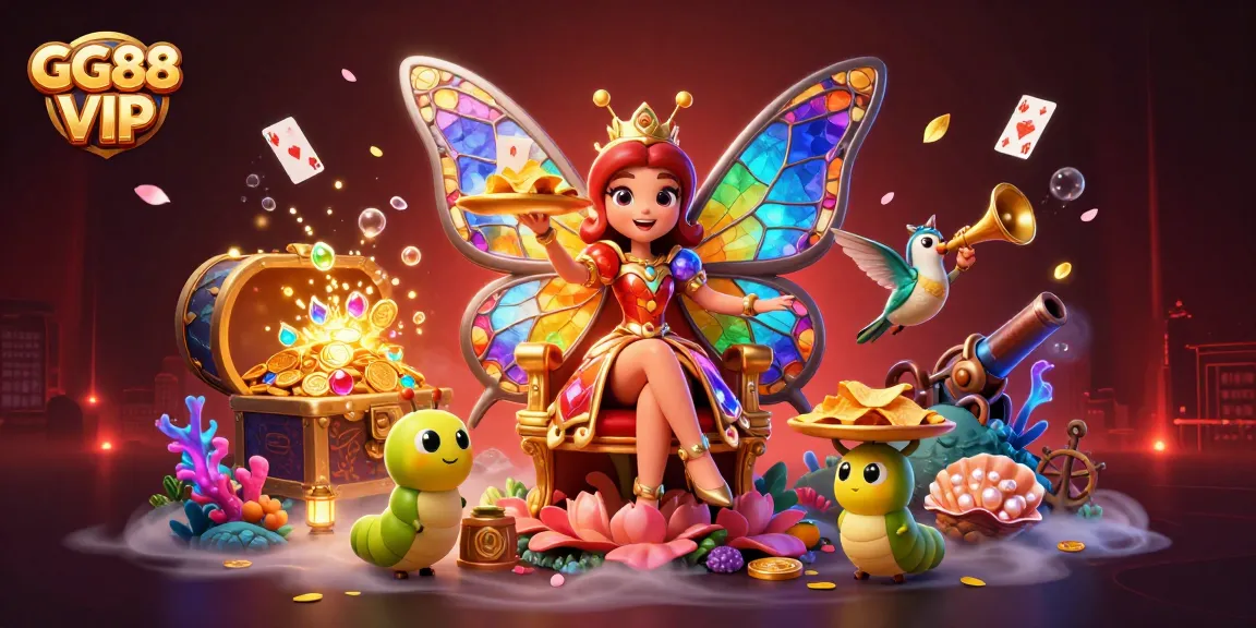 Engage in GG88 VIP's vibrant casino world featuring a cartoon butterfly queen and shimmering treasures.