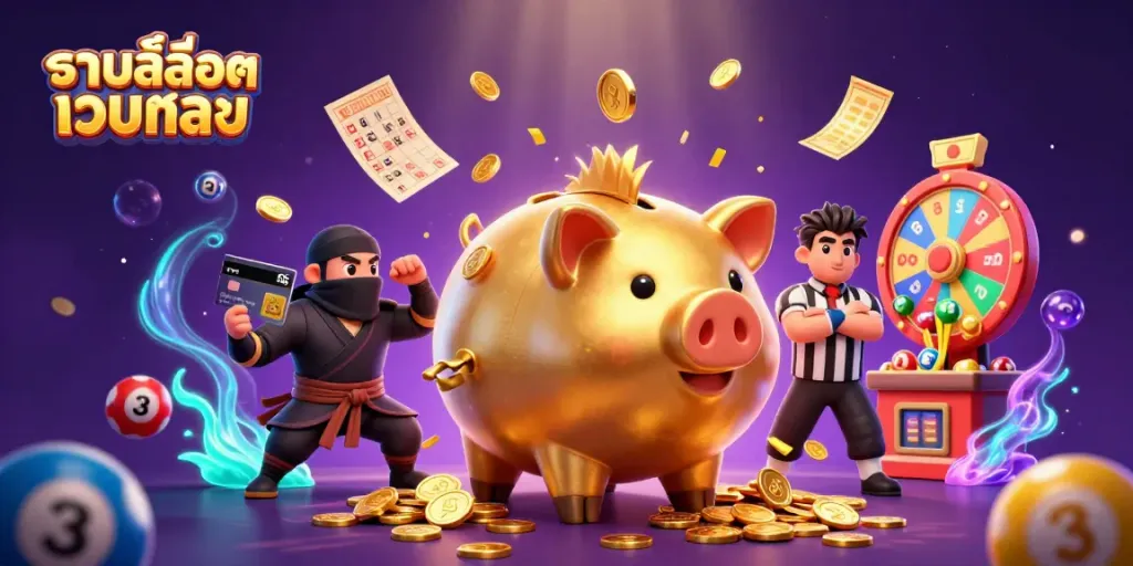 Engage with the thrilling world of รวมสล็อตเว็บตรง as a golden piggy bank sumo wrestler showers coins in a vibrant casino atmosphere.