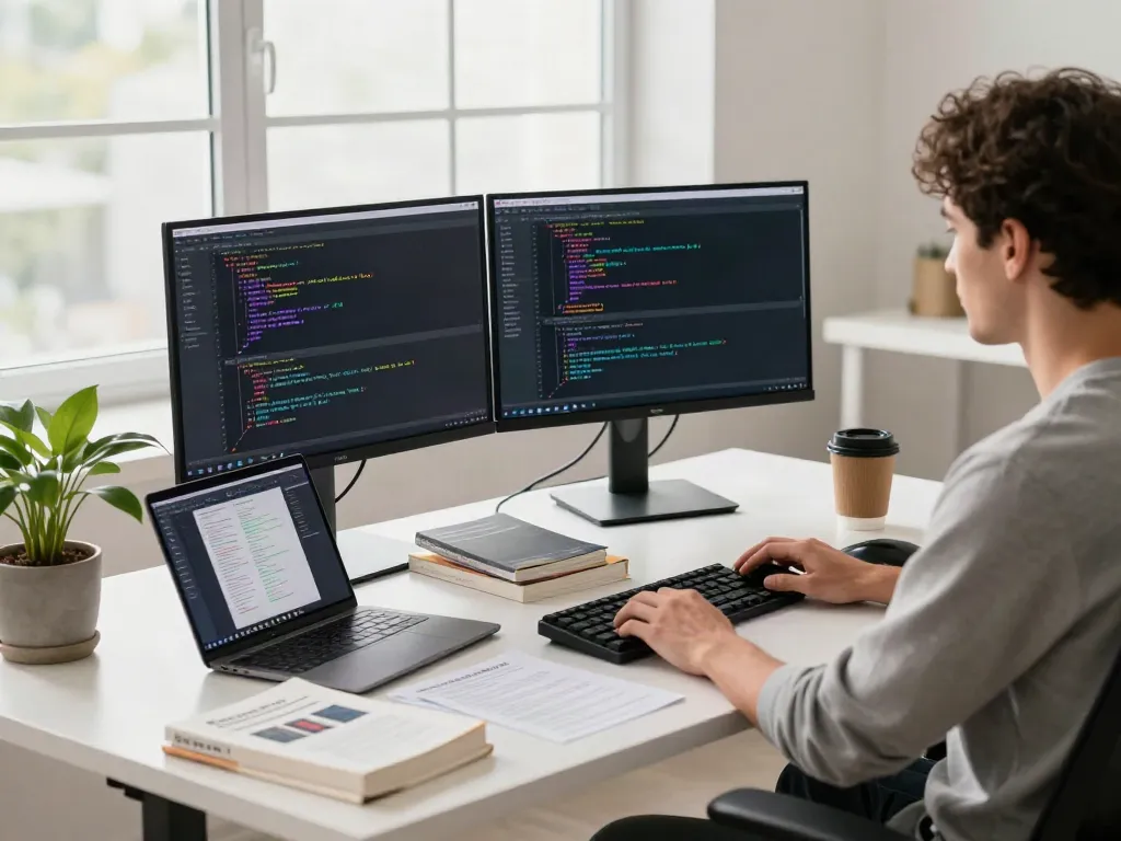 Developer coding in a modern workspace with dual monitors, reflecting v2rayN官网 setup.