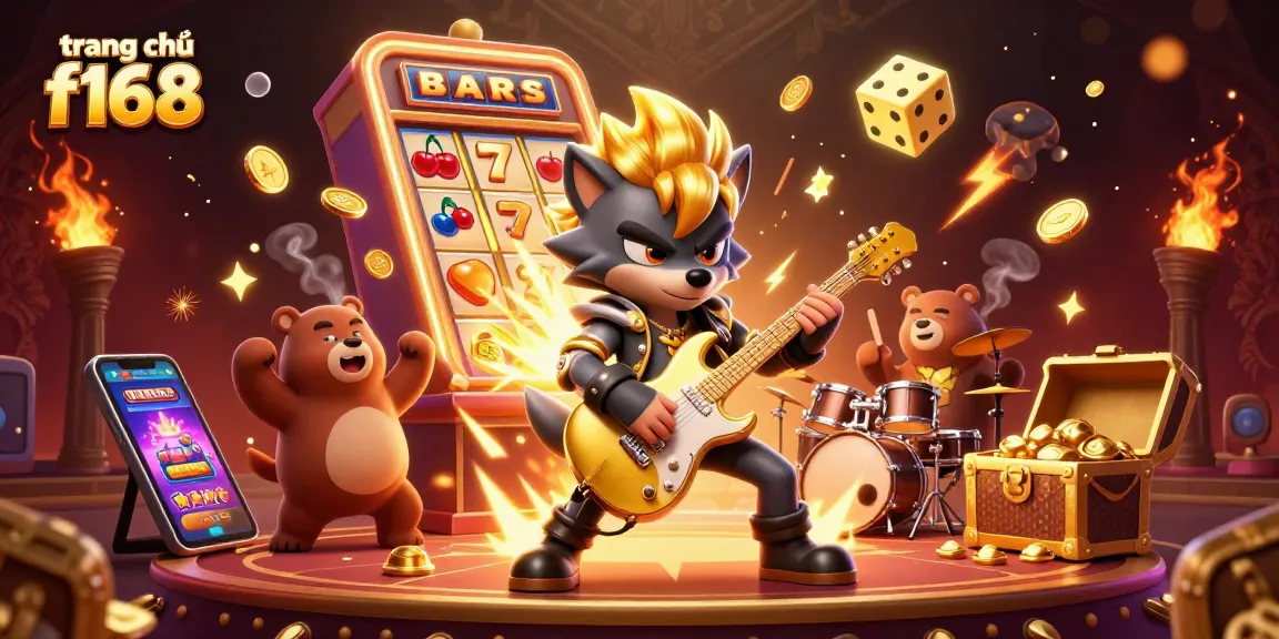 Experience the excitement at trang chủ f168 with a lively casino stage scene featuring a rock star wolf and jackpot elements.