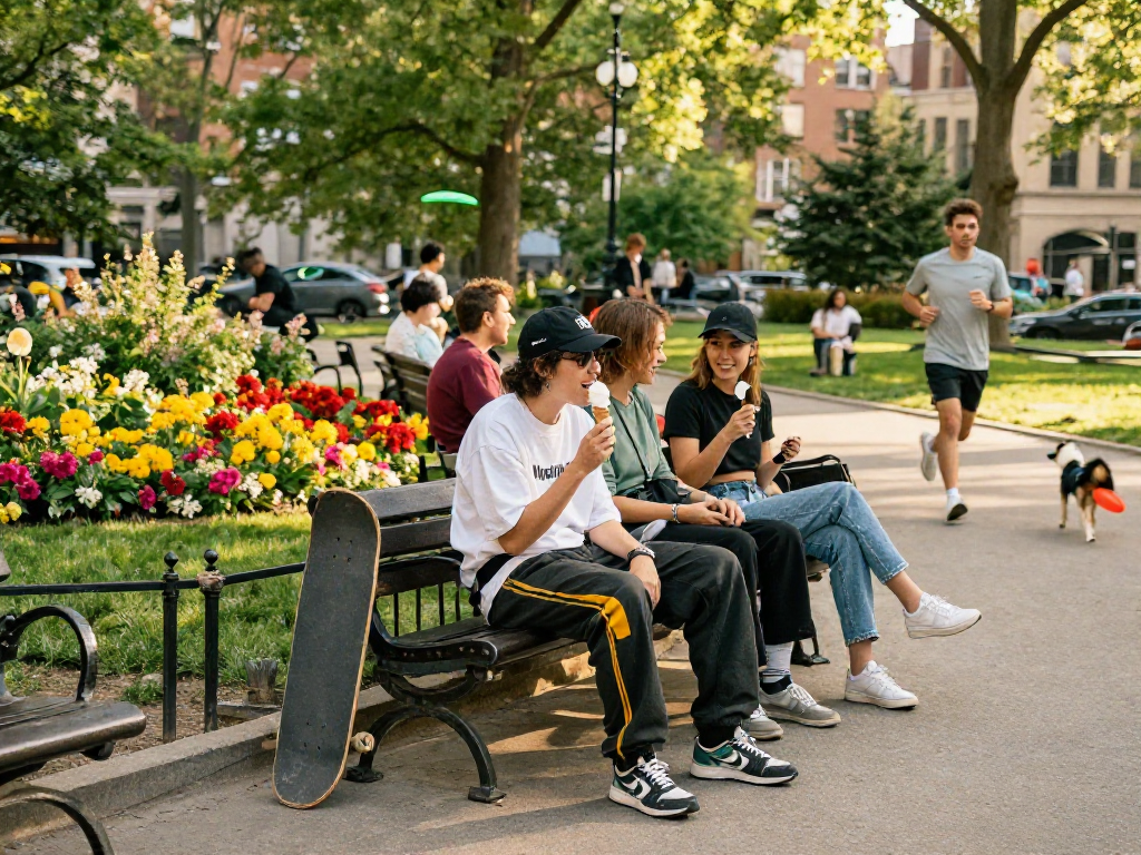 Motchill lifestyle scene in city park with friends enjoying ice cream