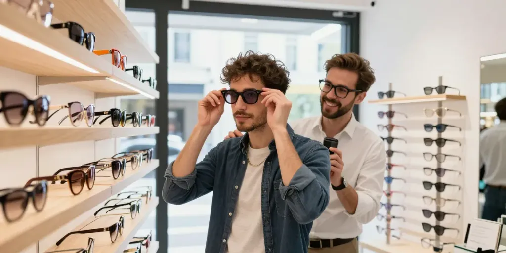 Cliente experimentando óculos de grau em ótica moderna com diversos modelos.