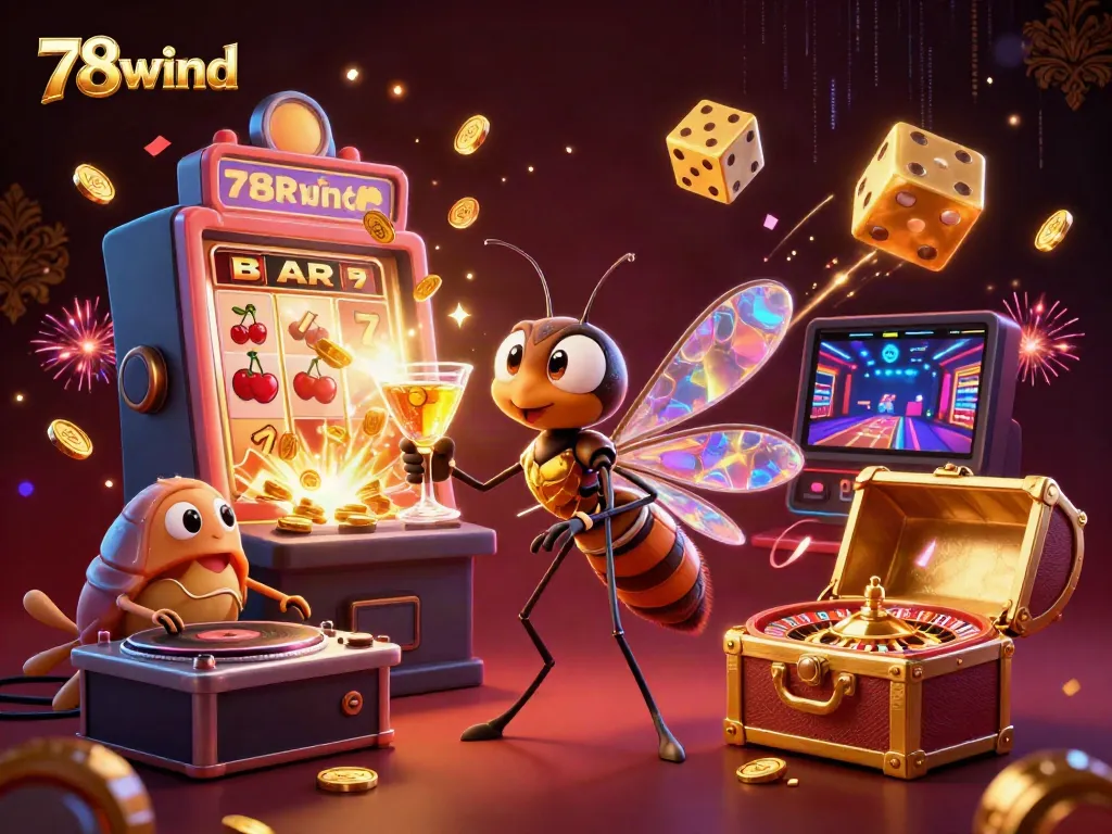 Experience thrilling gaming with the 78wind mascot enjoying a golden cocktail amid casino excitement.