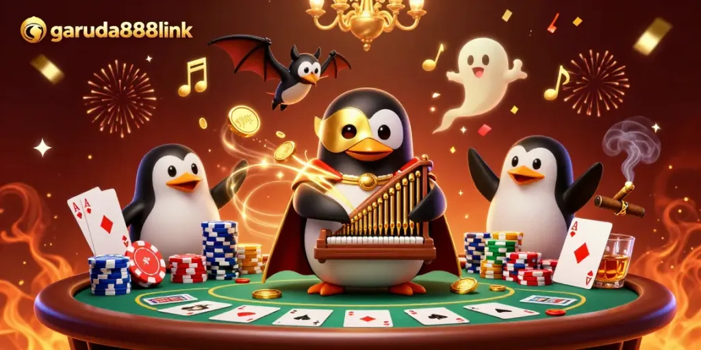 Experience dynamic gaming at garuda888link with a festive casino scene featuring poker excitement and colorful characters.