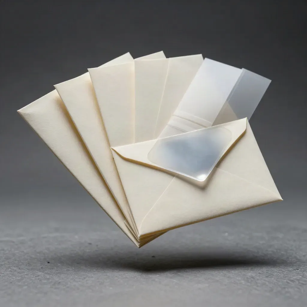 Floating ivory market research folio with dividers, envelope and translucent chips on slate