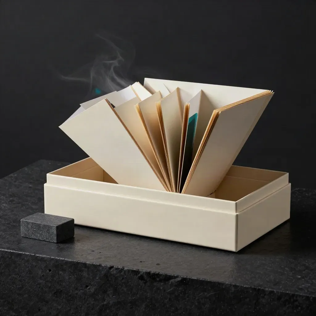 Cream consulting bundle with folders, stone paperweight and note block on a dark plinth