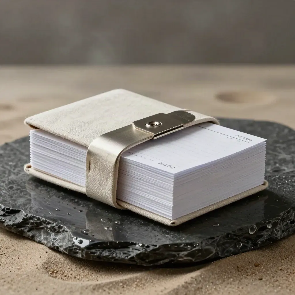 Off-white linen growth plan pack on wet stone with tabs, clip, and cool rim light.